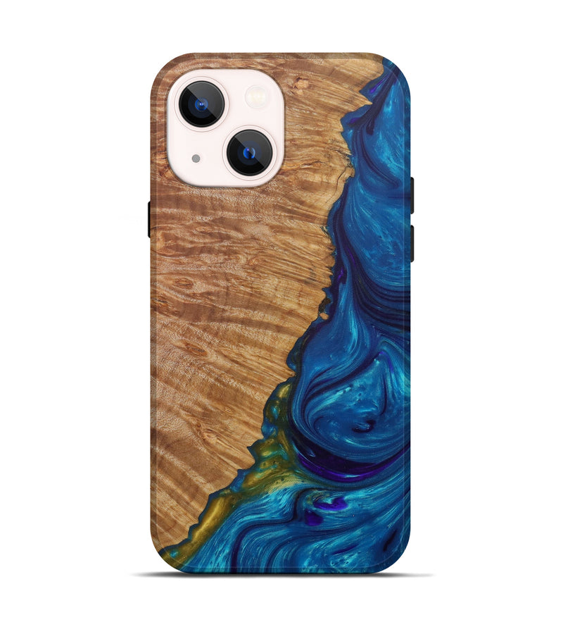 iPhone 14 Wood+Resin Live Edge Phone Case - Sybila (Teal & Gold, 585564)