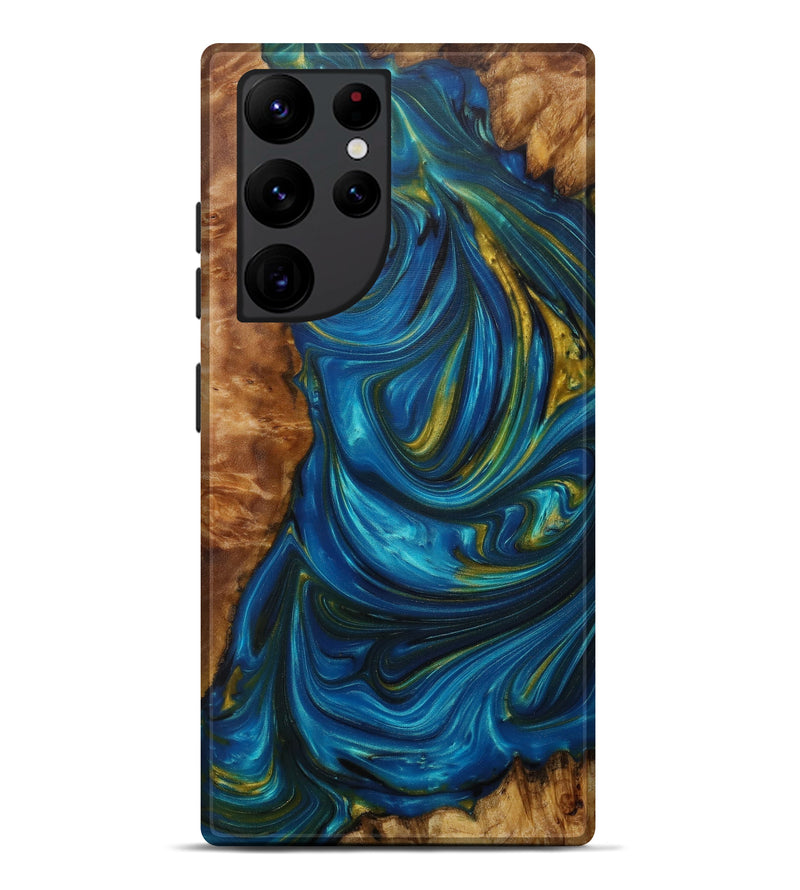 Galaxy S22 Ultra Wood+Resin Live Edge Phone Case - Micheal (Teal & Gold, 585204)