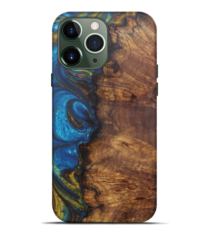 iPhone 13 Pro Max Wood+Resin Live Edge Phone Case - Des (Teal & Gold, 574858)