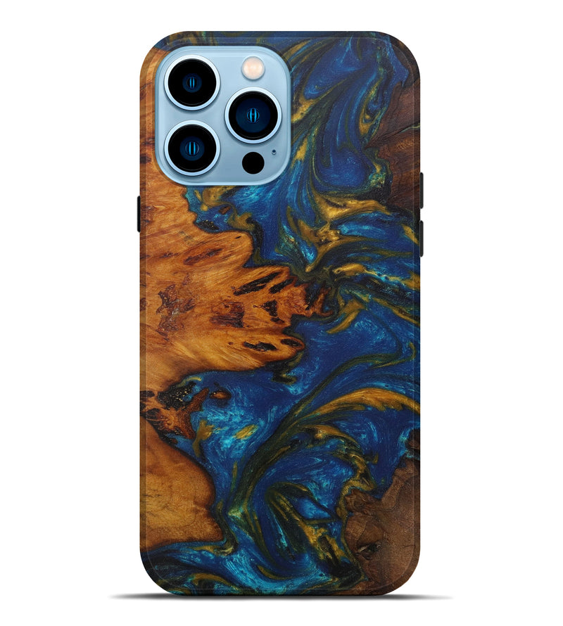 iPhone 14 Pro Max Wood+Resin Live Edge Phone Case - Roscoe (Teal & Gold, 586087)