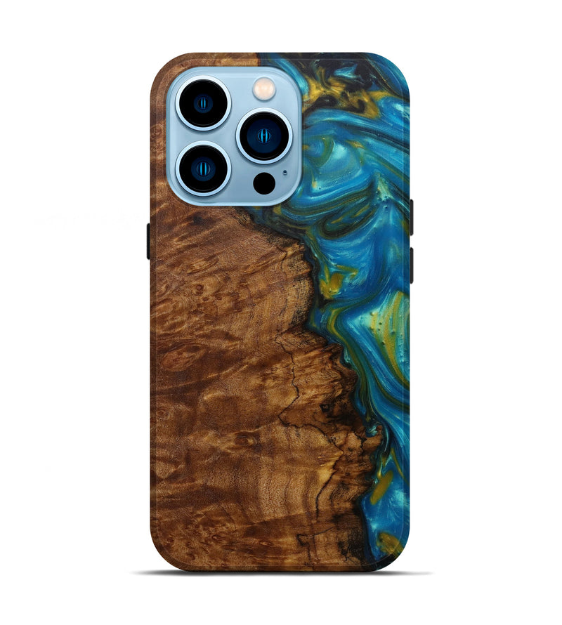 iPhone 14 Pro Wood+Resin Live Edge Phone Case - Rakhuma (Teal & Gold, 586104)