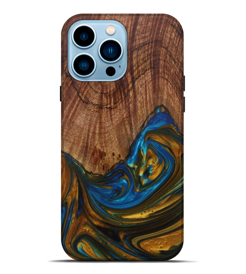 iPhone 14 Pro Max Wood+Resin Live Edge Phone Case - Andras (Teal & Gold, 585228)