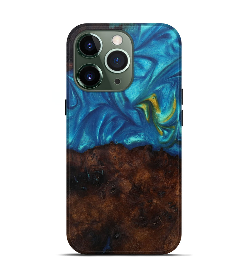 iPhone 13 Pro Wood+Resin Live Edge Phone Case - Lynne (Teal & Gold, 571495)