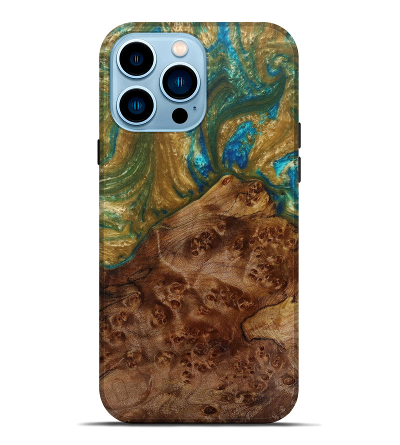 iPhone 14 Pro Max Wood+Resin Live Edge Phone Case - Osiris (Teal & Gold, 585231)