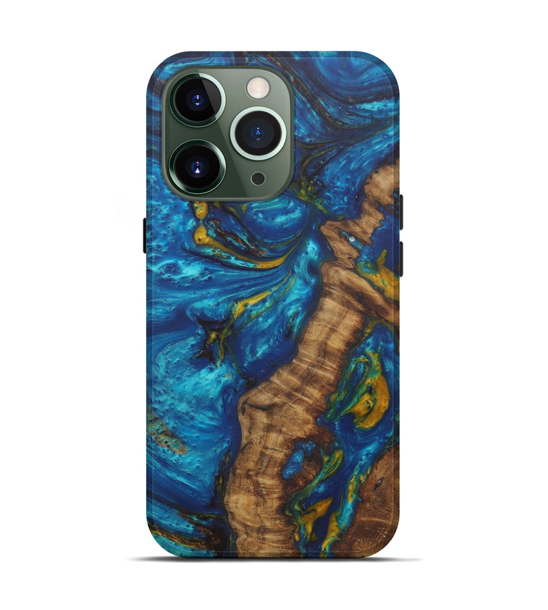 iPhone 13 Pro Wood+Resin Live Edge Phone Case - Shandra (Teal & Gold, 581663)