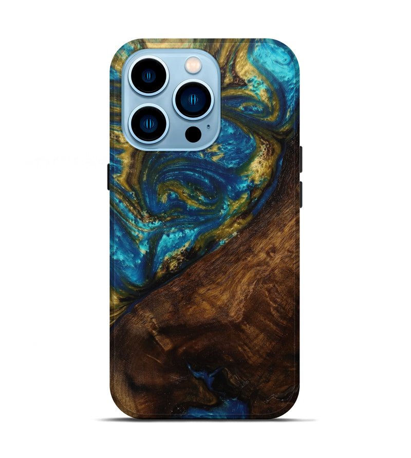 iPhone 14 Pro Wood+Resin Live Edge Phone Case - Agretha (Teal & Gold, 585187)