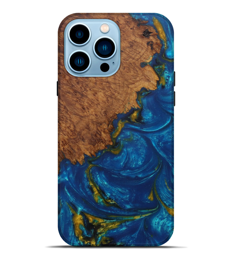 iPhone 14 Pro Max Wood+Resin Live Edge Phone Case - Evelyn (Teal & Gold, 585563)