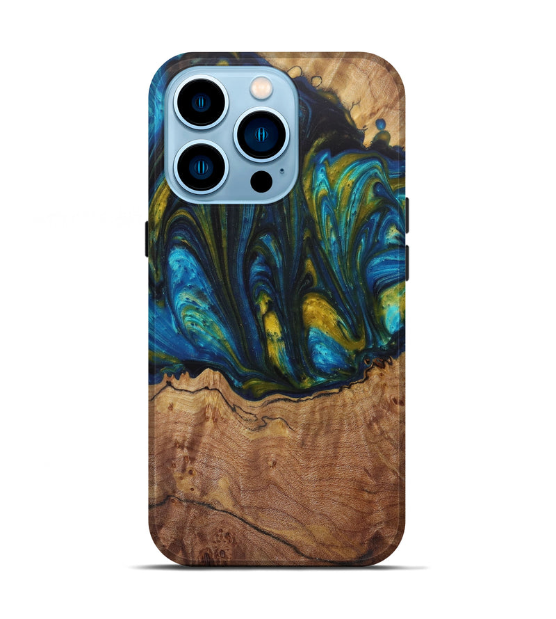 iPhone 14 Pro Wood+Resin Live Edge Phone Case - Lilin (Teal & Gold, 581726)