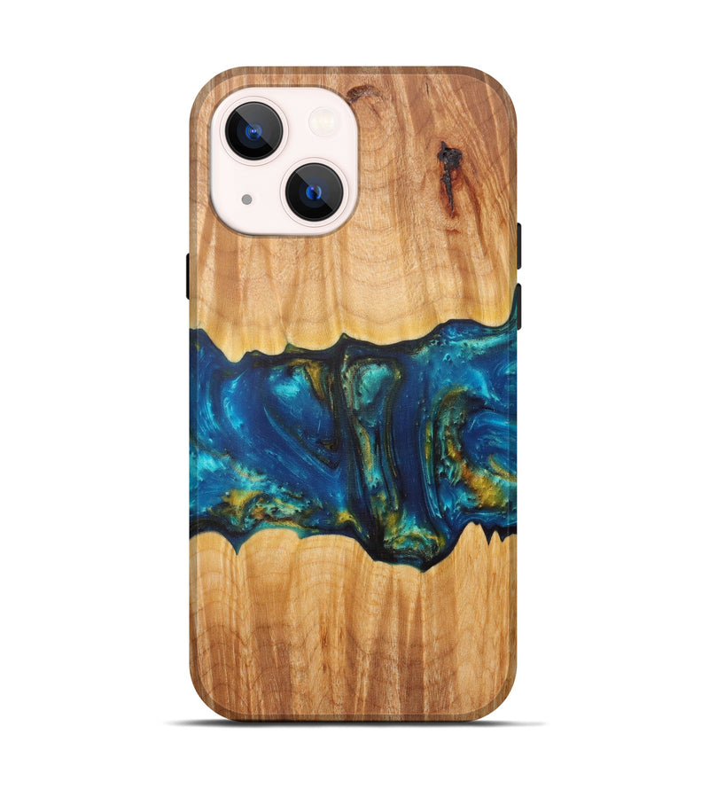 iPhone 14 Wood+Resin Live Edge Phone Case - Fianna (Teal & Gold, 585552)