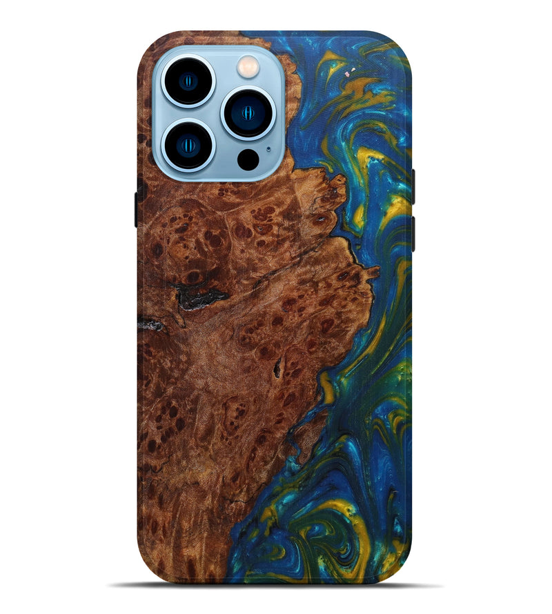 iPhone 14 Pro Max Wood+Resin Live Edge Phone Case - Suha (Teal & Gold, 590023)