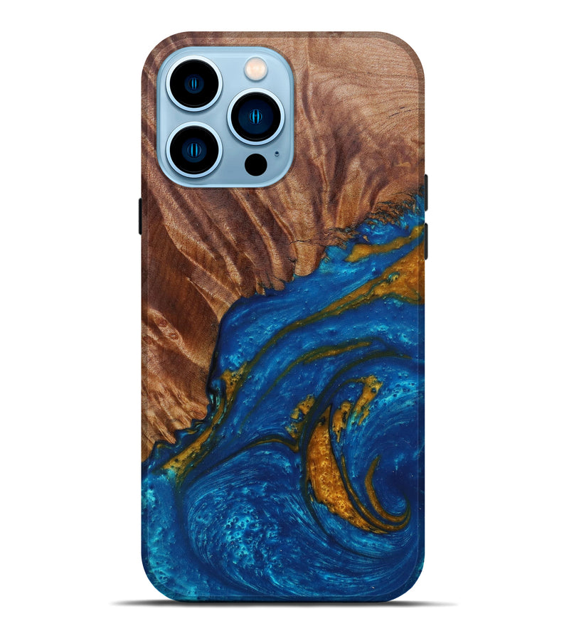 iPhone 14 Pro Max Wood+Resin Live Edge Phone Case - Gilbertine (Teal & Gold, 588699)