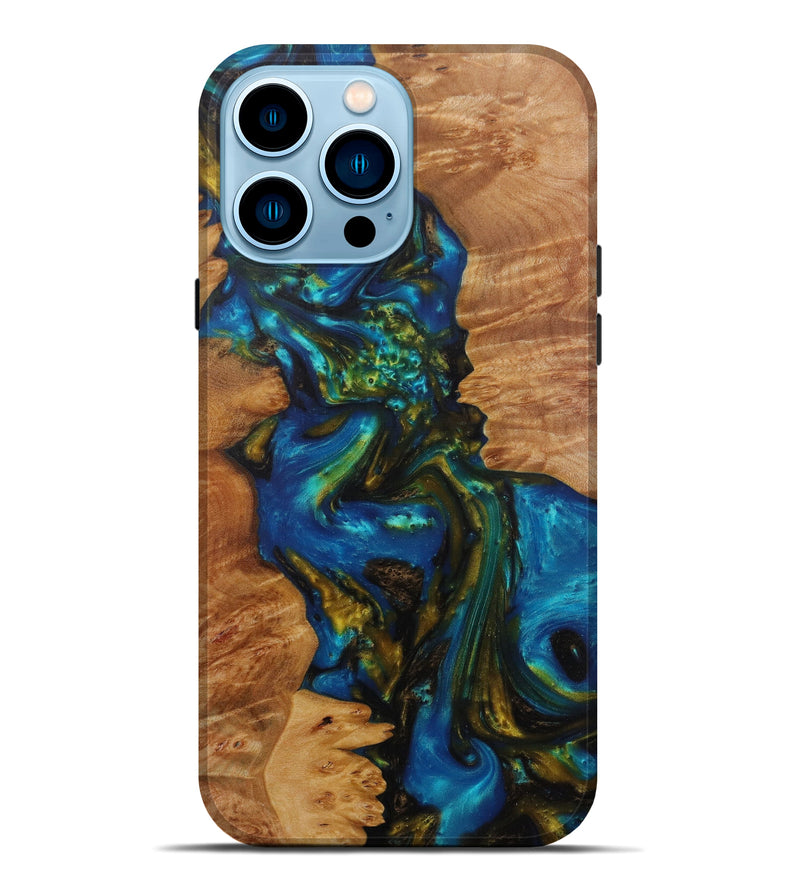 iPhone 14 Pro Max Wood+Resin Live Edge Phone Case - Gratiana (Teal & Gold, 584042)