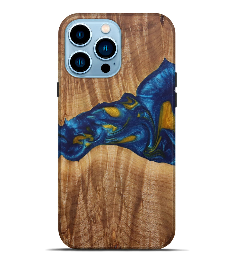 iPhone 14 Pro Max Wood+Resin Live Edge Phone Case - Merilyn (Teal & Gold, 585569)