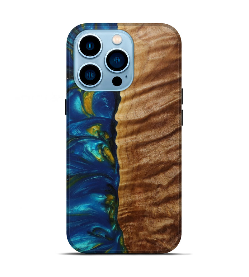 iPhone 14 Pro Wood+Resin Live Edge Phone Case - Kamillah (Teal & Gold, 584069)