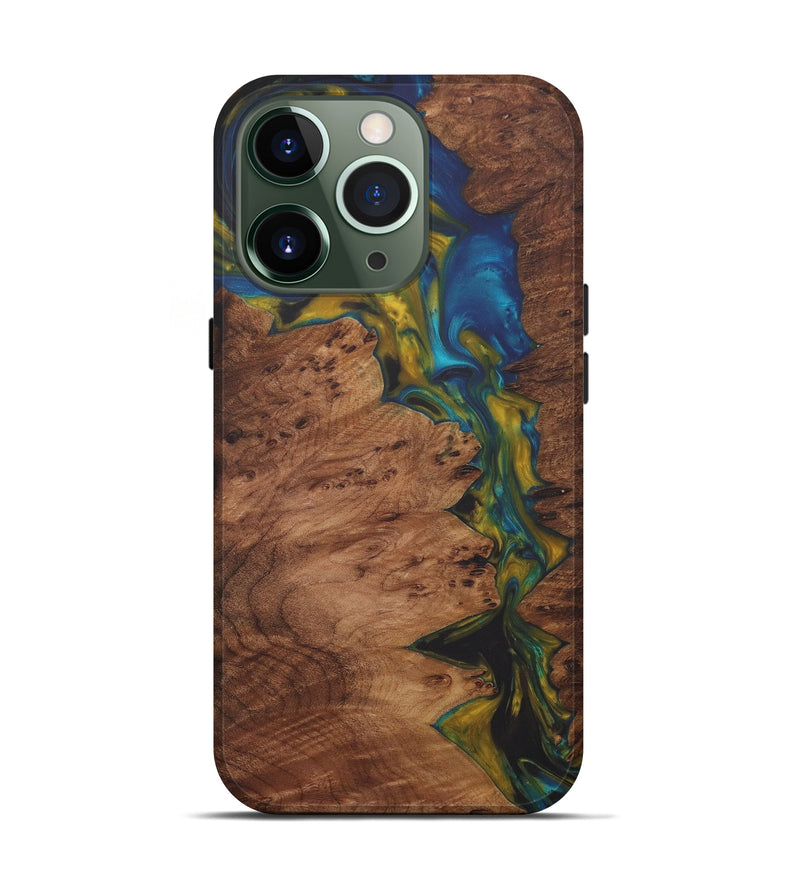 iPhone 13 Pro Wood+Resin Live Edge Phone Case - Yate (Teal & Gold, 573559)