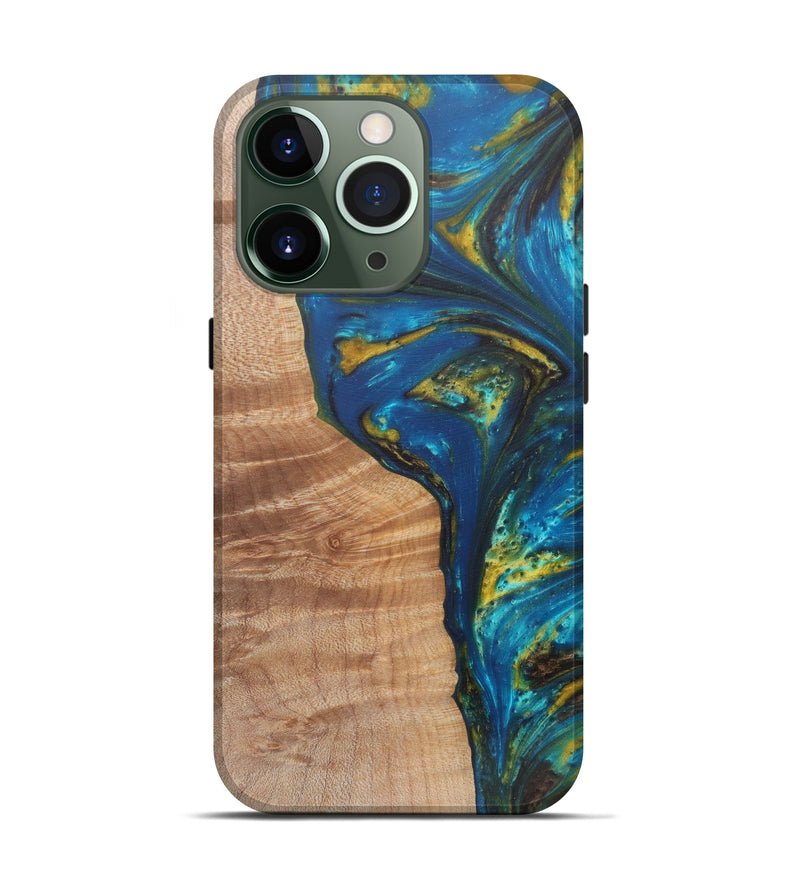 iPhone 13 Pro Wood+Resin Live Edge Phone Case - Mervin (Teal & Gold, 590635)
