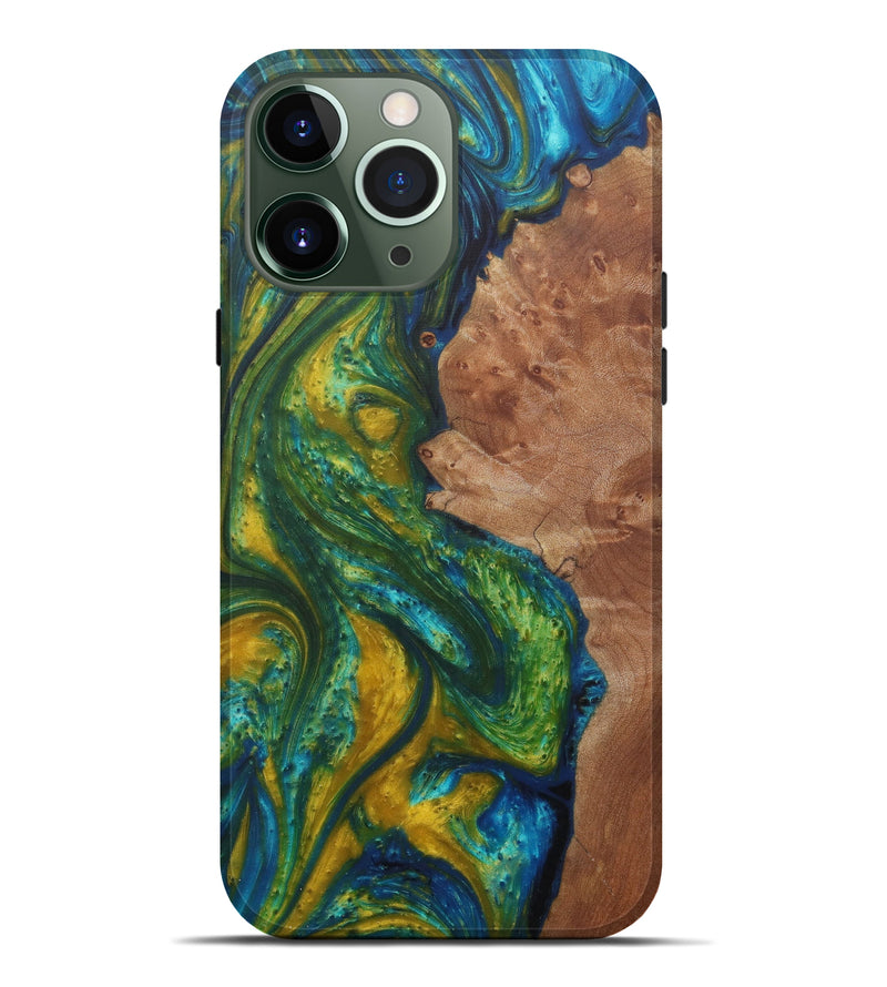 iPhone 13 Pro Max Wood+Resin Live Edge Phone Case - Lucienne (Teal & Gold, 576741)