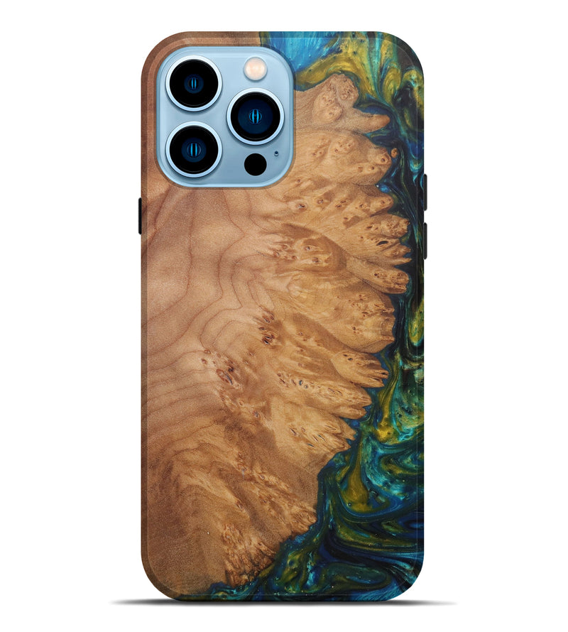 iPhone 14 Pro Max Wood+Resin Live Edge Phone Case - Tressa (Teal & Gold, 581669)