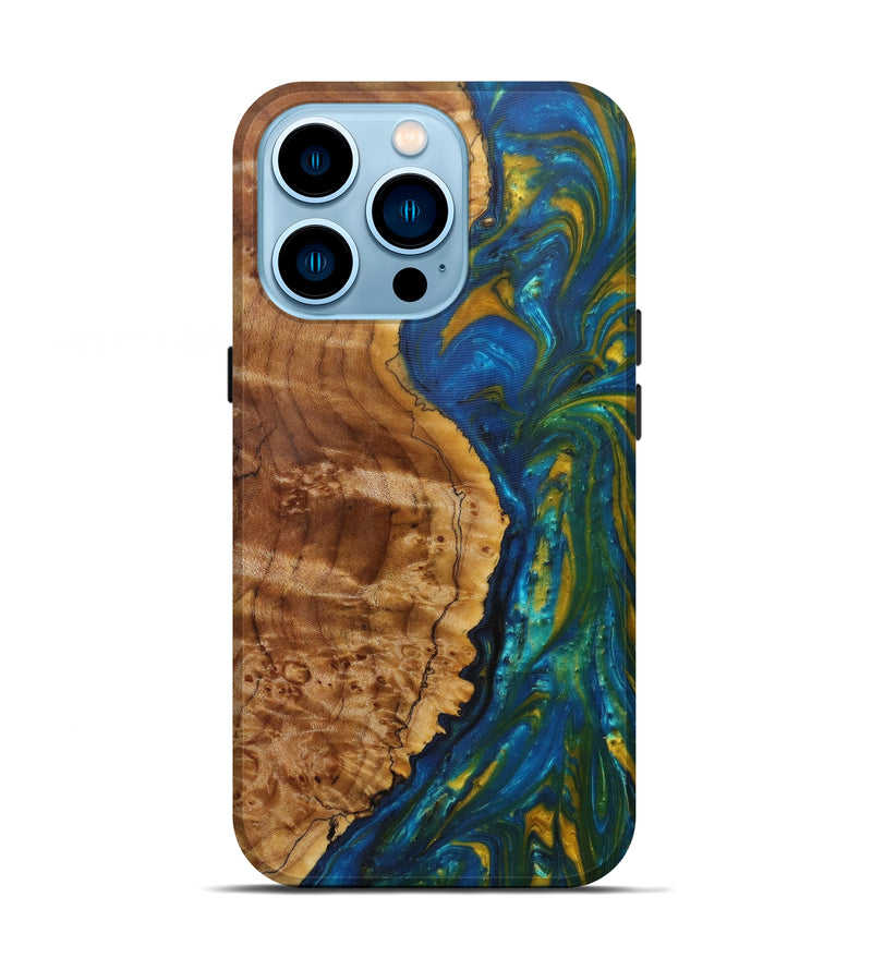 iPhone 14 Pro Wood+Resin Live Edge Phone Case - Marwan (Teal & Gold, 590020)