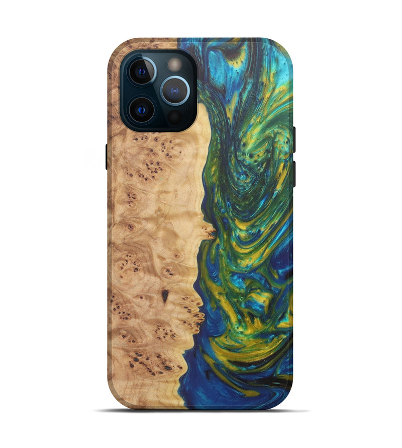iPhone 12 Pro Wood+Resin Live Edge Phone Case - Amalia (Teal & Gold, 574890)