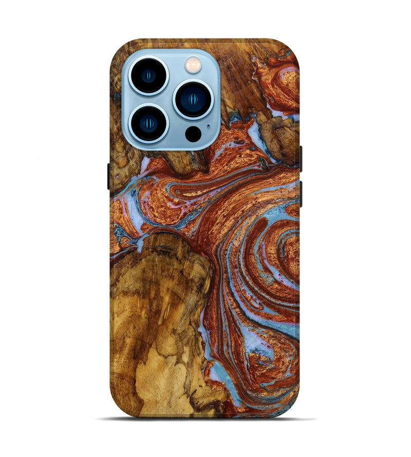 iPhone 14 Pro Wood+Resin Live Edge Phone Case - Fatima (Teal & Gold, 648567)