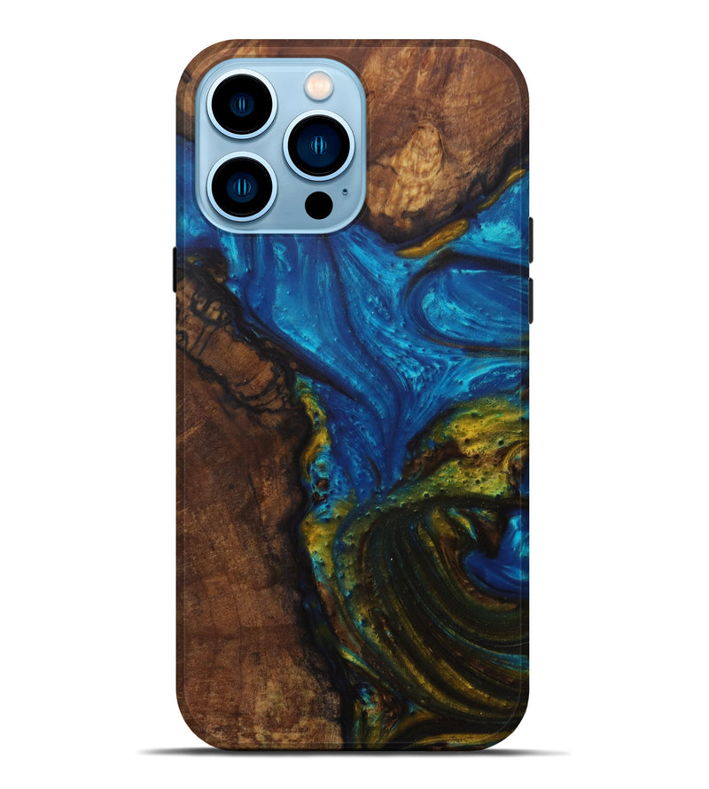 iPhone 14 Pro Max Wood+Resin Live Edge Phone Case - Elex (Teal & Gold, 586101)