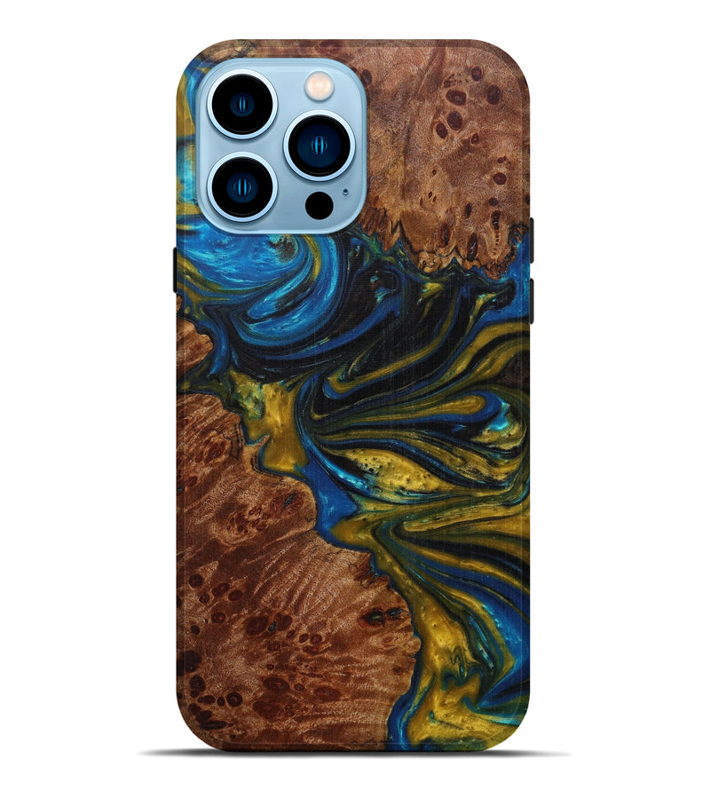 iPhone 14 Pro Max Wood+Resin Live Edge Phone Case - Bengt (Teal & Gold, 590027)