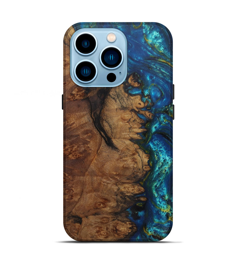 iPhone 14 Pro Wood+Resin Live Edge Phone Case - Samantha (Teal & Gold, 587765)