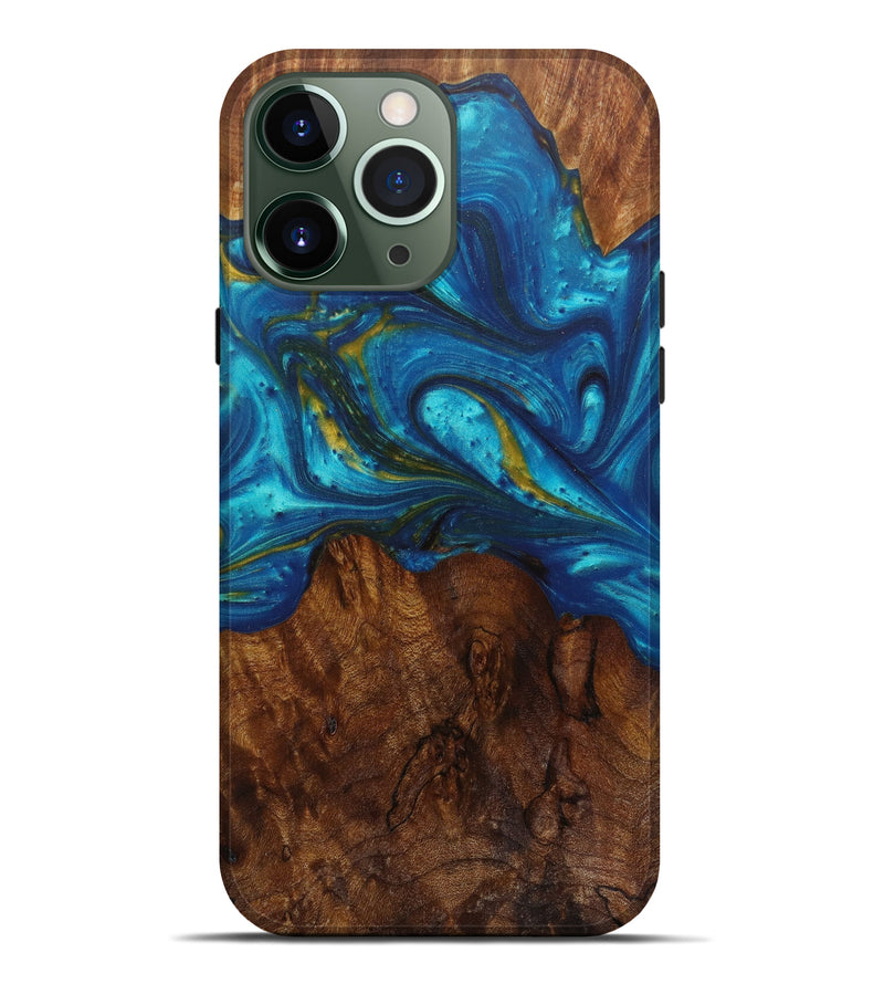 iPhone 13 Pro Max Wood+Resin Live Edge Phone Case - Layananda (Teal & Gold, 582809)