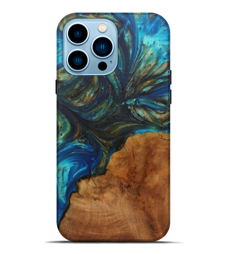 iPhone 14 Pro Max Wood+Resin Live Edge Phone Case - Eran (Teal & Gold, 585132)