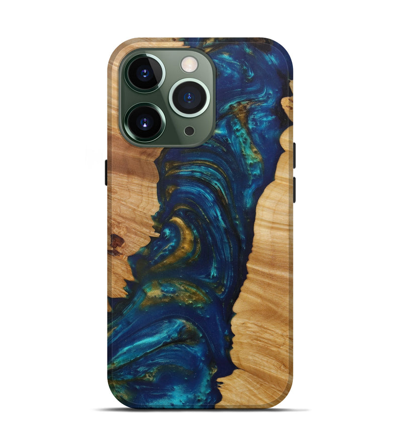 iPhone 13 Pro Wood+Resin Live Edge Phone Case - Joice (Teal & Gold, 587769)