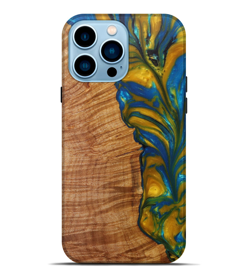 iPhone 14 Pro Max Wood+Resin Live Edge Phone Case - Astrix (Teal & Gold, 590029)