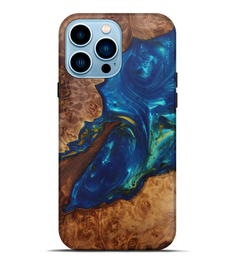 iPhone 14 Pro Max Wood+Resin Live Edge Phone Case - Kelwin (Teal & Gold, 586092)