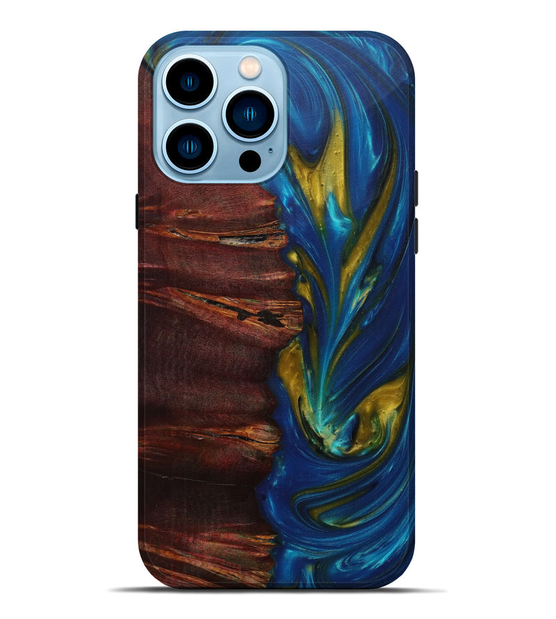 iPhone 14 Pro Max Wood+Resin Live Edge Phone Case - Genna (Teal & Gold, 585202)