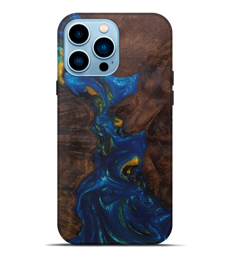 iPhone 14 Pro Max Wood+Resin Live Edge Phone Case - Annecorinne (Teal & Gold, 588696)