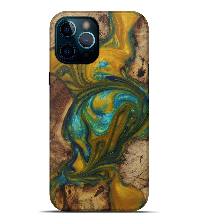 iPhone 12 Pro Max Wood+Resin Live Edge Phone Case - Edita (Teal & Gold, 573558)