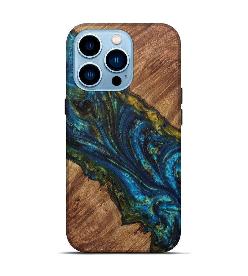 iPhone 14 Pro Wood+Resin Live Edge Phone Case - Constanta (Teal & Gold, 587764)
