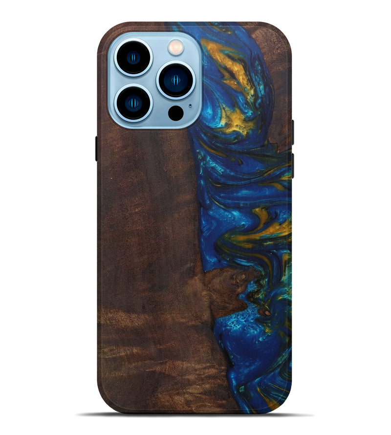iPhone 14 Pro Max Wood+Resin Live Edge Phone Case - Constancy (Teal & Gold, 588701)