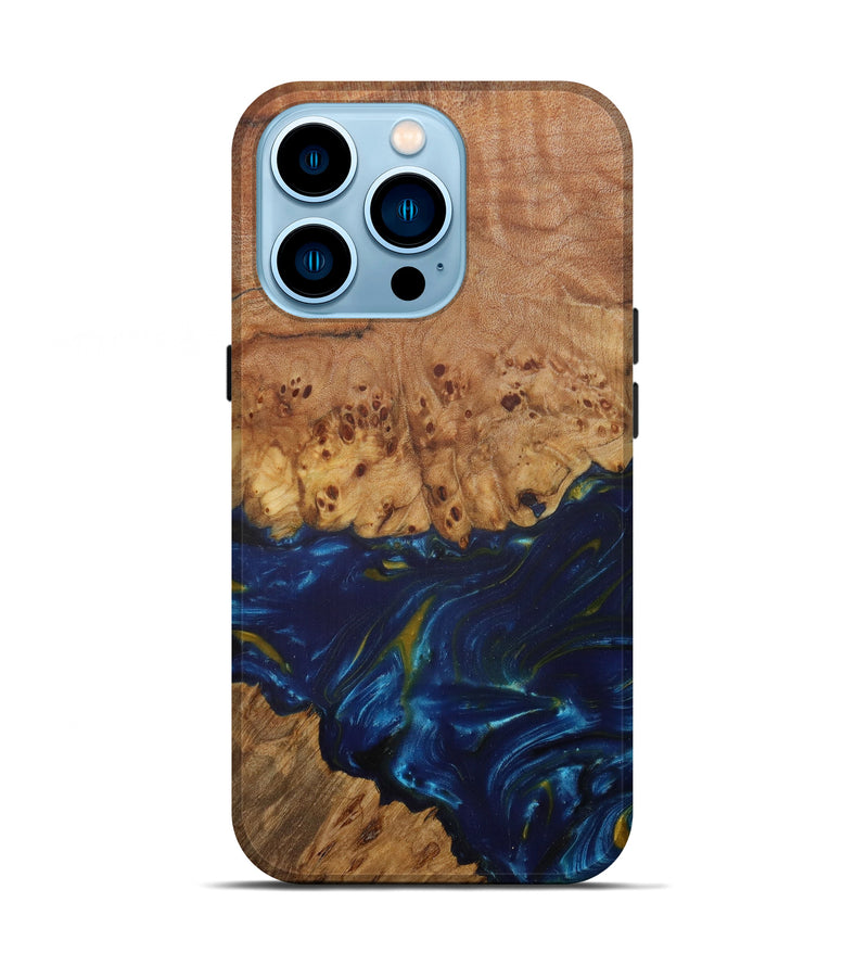 iPhone 14 Pro Wood+Resin Live Edge Phone Case - Dara (Teal & Gold, 585570)