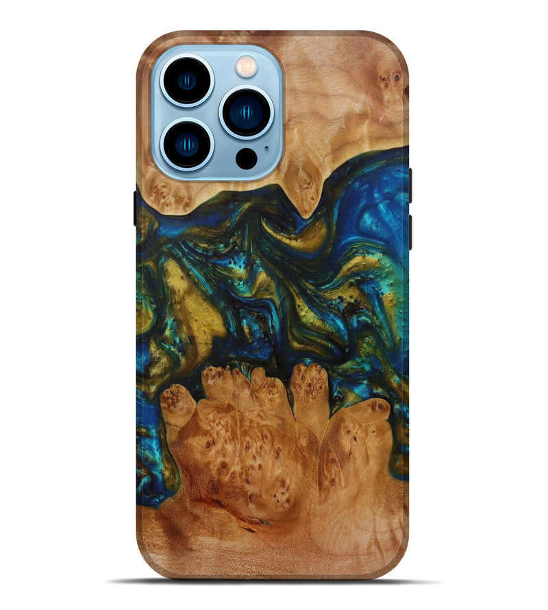 iPhone 14 Pro Max Wood+Resin Live Edge Phone Case - Paulina (Teal & Gold, 584076)