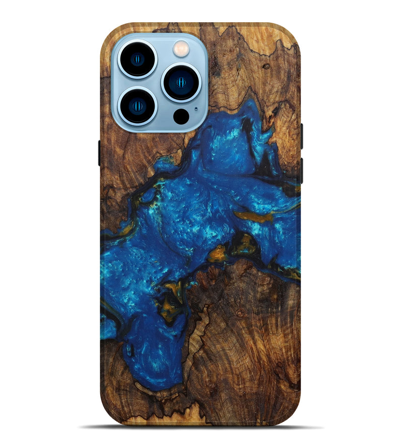 iPhone 14 Pro Max Wood+Resin Live Edge Phone Case - Sidney (Teal & Gold, 588700)