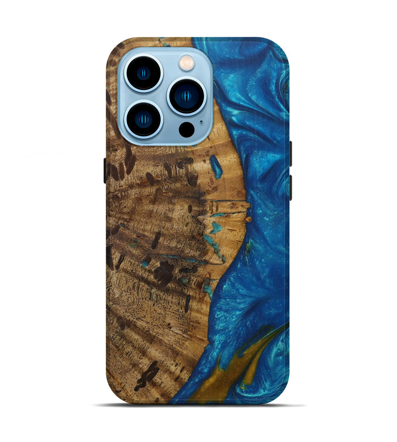 iPhone 14 Pro Wood+Resin Live Edge Phone Case - Roe (Teal & Gold, 585592)