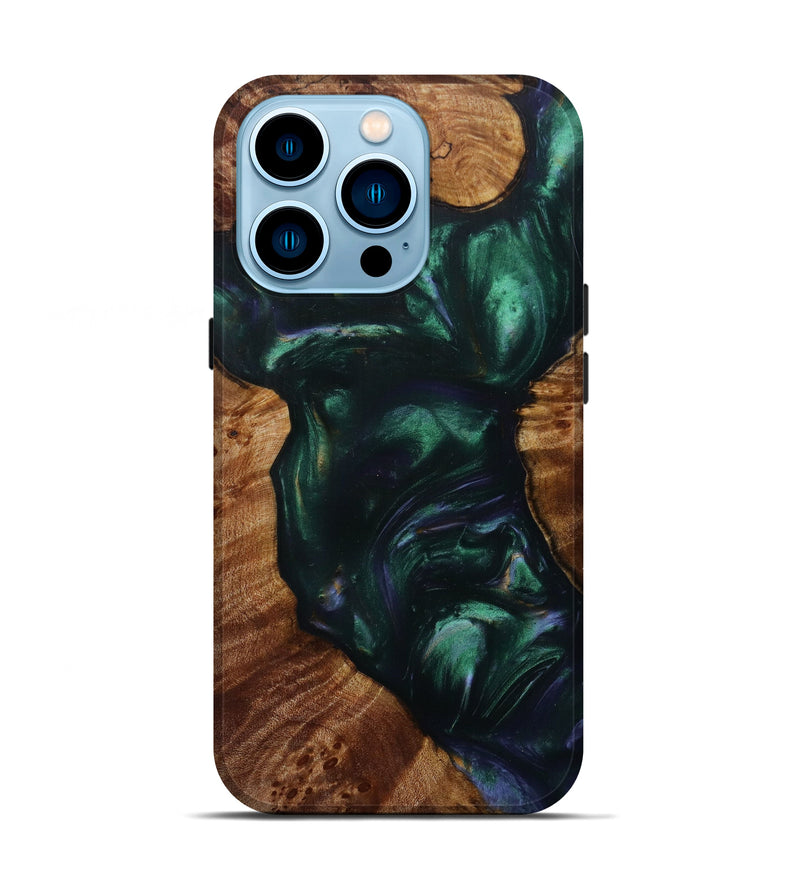 iPhone 14 Pro Wood+Resin Live Edge Phone Case - Pooh (Dark Green, 585216)