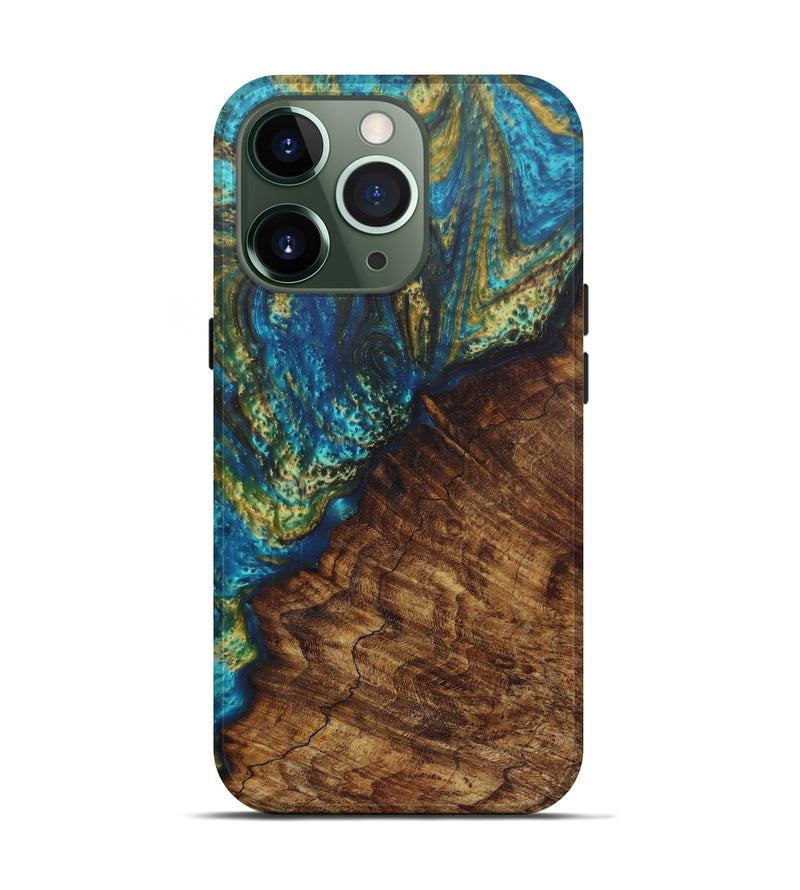 iPhone 13 Pro Wood+Resin Live Edge Phone Case - Hennie (Teal & Gold, 571546)
