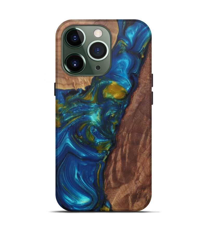 iPhone 13 Pro Wood+Resin Live Edge Phone Case - Patty (Teal & Gold, 581682)