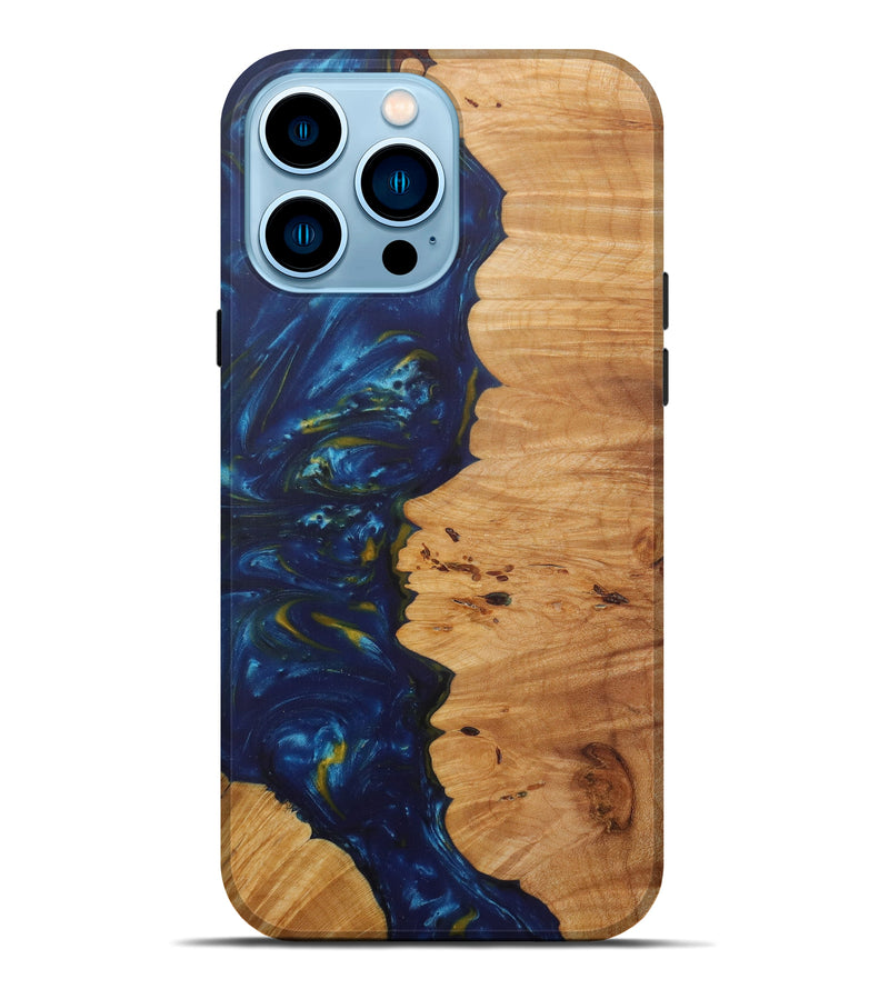 iPhone 14 Pro Max Wood+Resin Live Edge Phone Case - Austina (Teal & Gold, 585568)