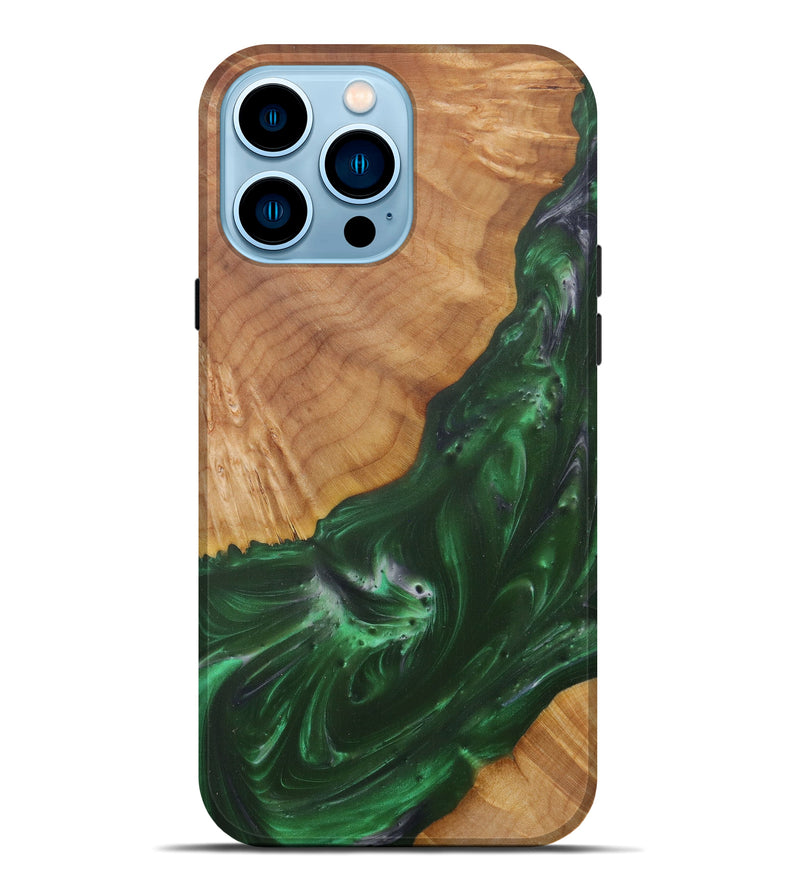 iPhone 14 Pro Max Wood+Resin Live Edge Phone Case - Deloris (Dark Green, 582843)