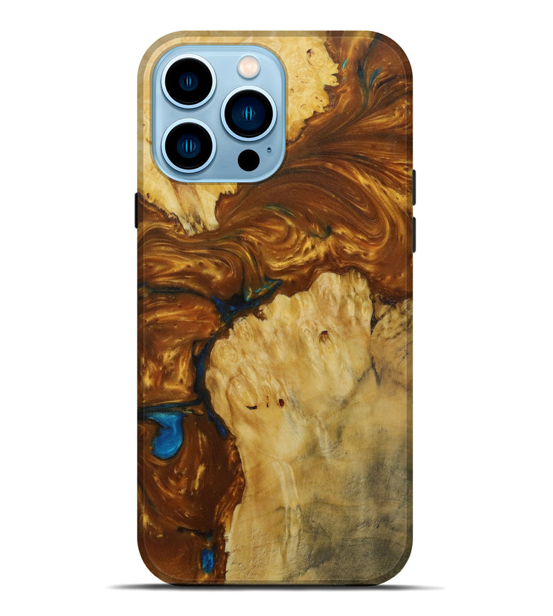 iPhone 14 Pro Max Wood+Resin Live Edge Phone Case - Marjorie (Teal & Gold, 587778)