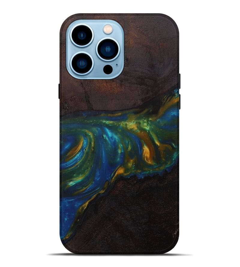 iPhone 14 Pro Max Wood+Resin Live Edge Phone Case - Aleta (Teal & Gold, 586111)