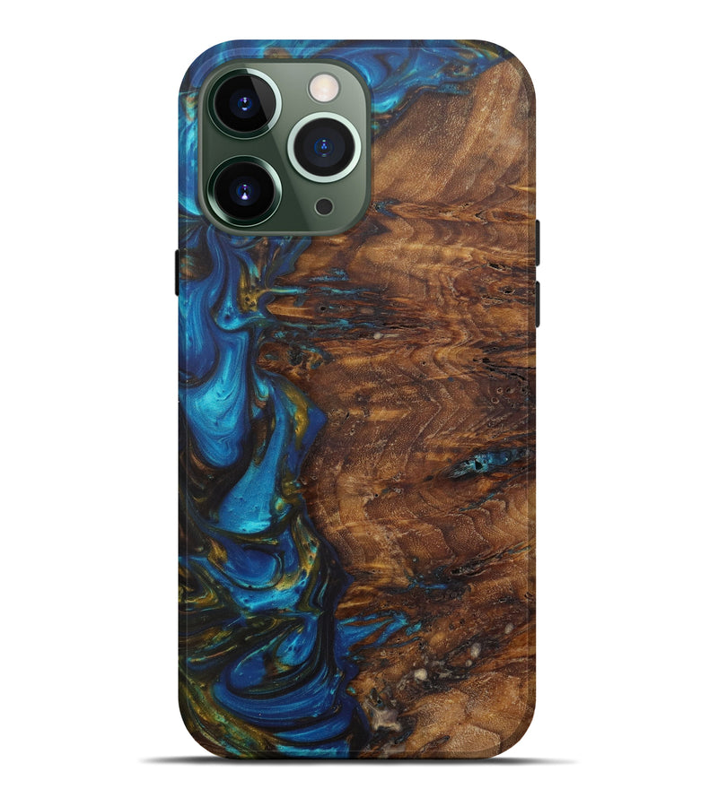 iPhone 13 Pro Max Wood+Resin Live Edge Phone Case - Conny (Teal & Gold, 582814)